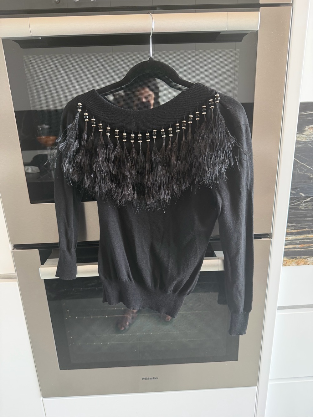 Gianne Versace Vintage Black Feather-Trim Knit Sweater - Picture 2 of 4